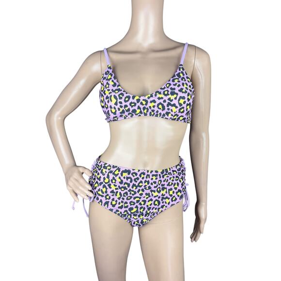 New Shekini Purple Black Leopard Print High Waist Scoop Neck 2 Pc Set Swimsuit M - Picture 1 of 11
